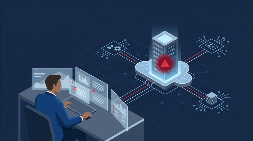 Analyst monitoring a server network with one red warning node.
