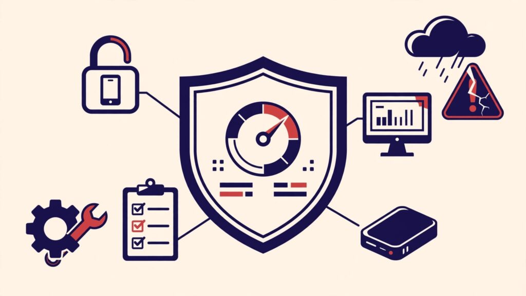 A shield dashboard surrounded by cybersecurity tools, with storm clouds outside.