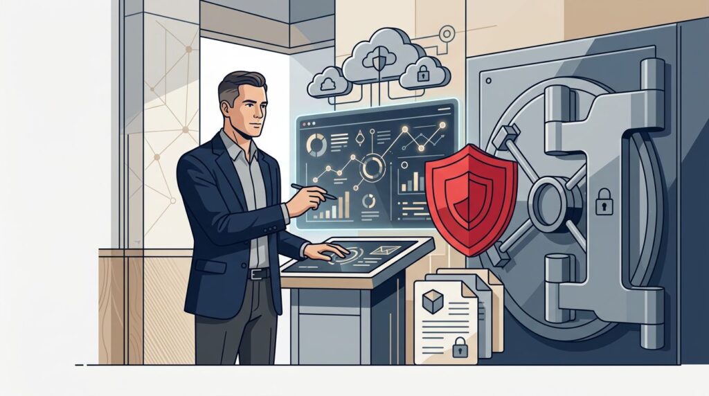 Security leader reviewing a dashboard beside a vault, shield, cloud, and compliance papers.