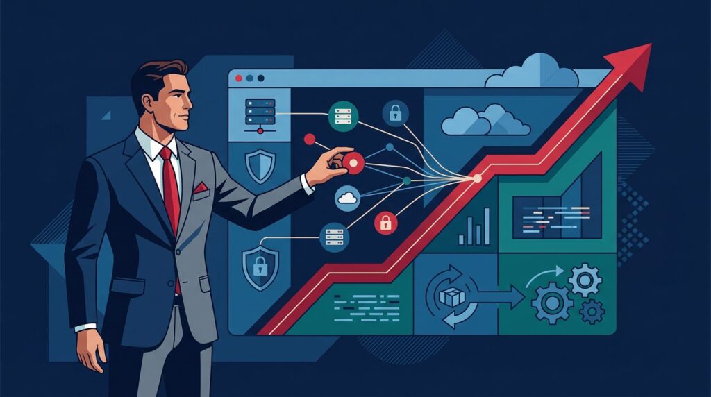 A suited business leader connects technology nodes to a rising profit graph.