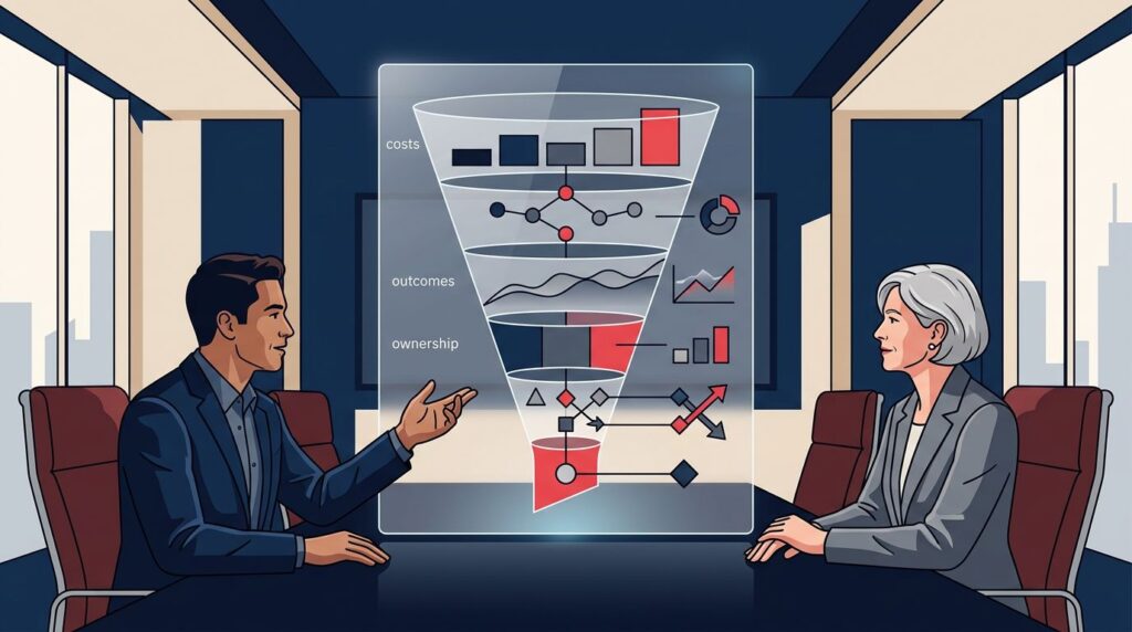Two business leaders review a transparent investment funnel and layered dashboard visuals at a modern table.