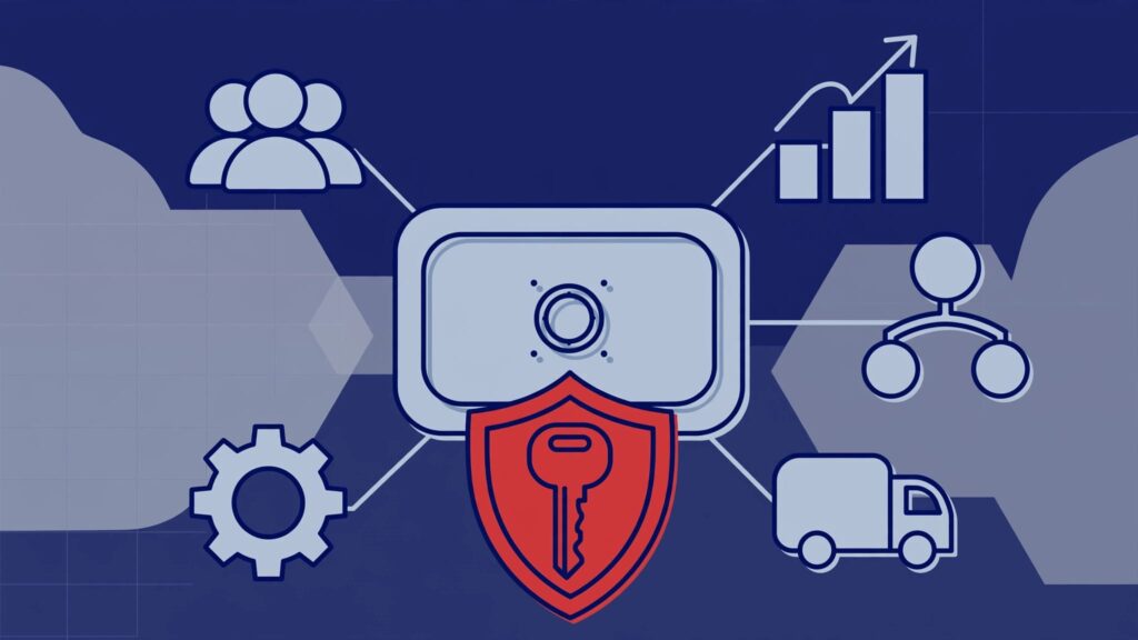 A central data panel links customer, revenue, employee, vendor, and operations icons.