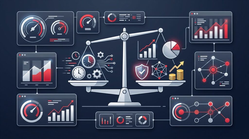 An abstract dashboard with a balance scale and connected business metric panels.