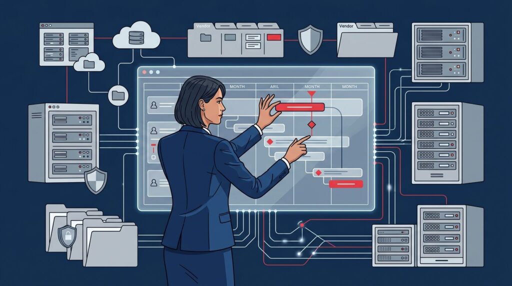 An executive reviews a technology roadmap beside servers, cloud icons, vendor folders, and security symbols.