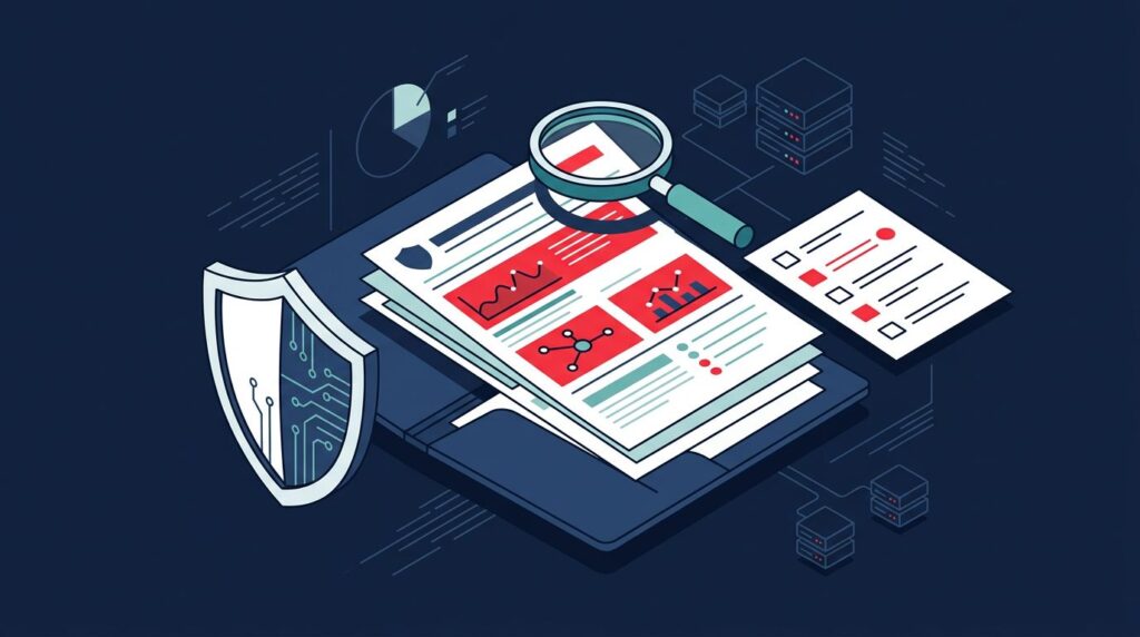 Cyber insurance folder with shield, magnifying glass, checklist, and red risk highlights.