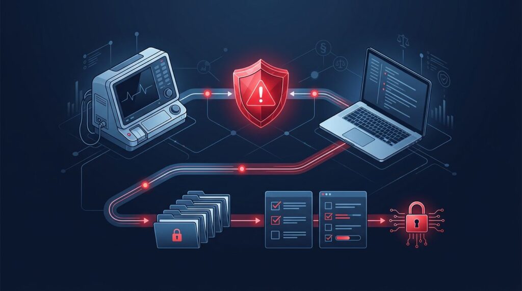 Medical device and laptop linked by secure data lines around a red alert shield.