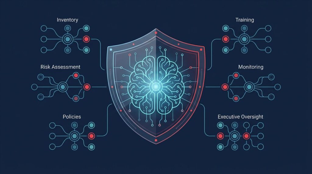 A glowing network core sits inside a red shield with blue control nodes.