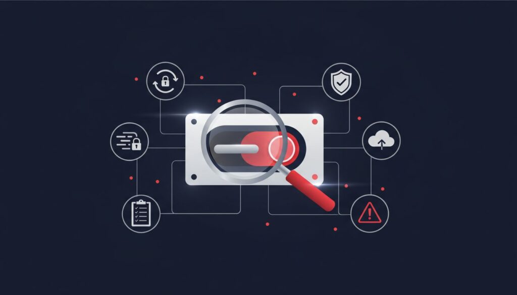 A glowing software dashboard with a red switch, magnifying glass, and security icons.