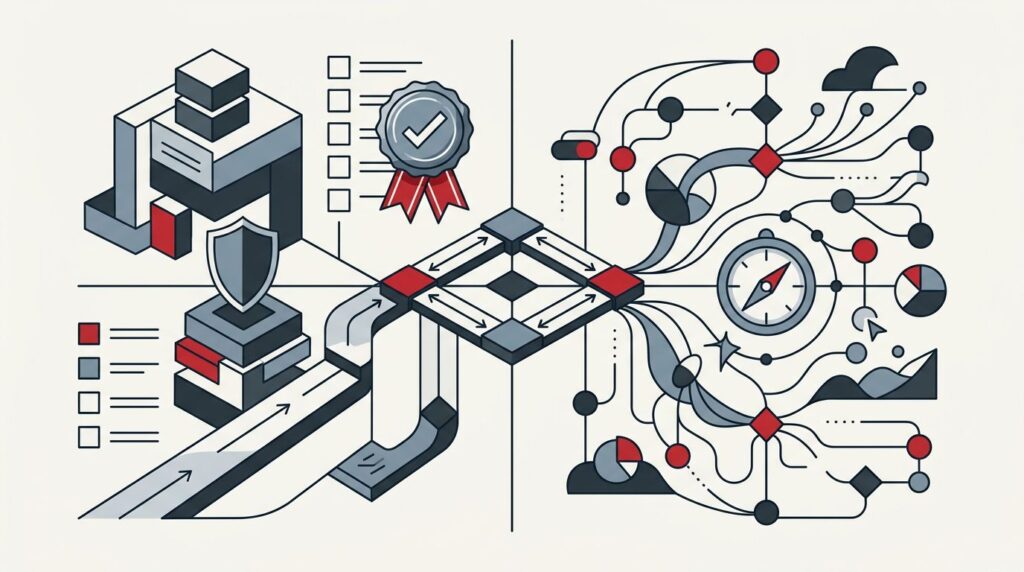 Split illustration comparing a structured certification system with a flexible risk management pathway.