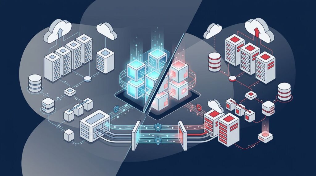 A central data hub separates into two secure network systems linked by red data pathways.