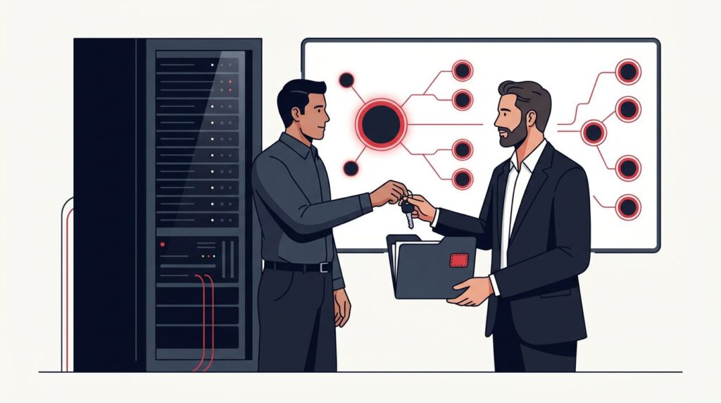 IT specialist handing an access key and folder to an interim technology leader near a server cabinet.