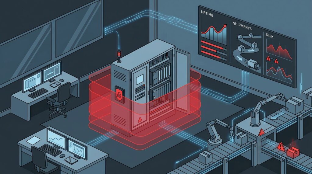 A factory control room with a PLC cabinet protected by glowing red security barriers.