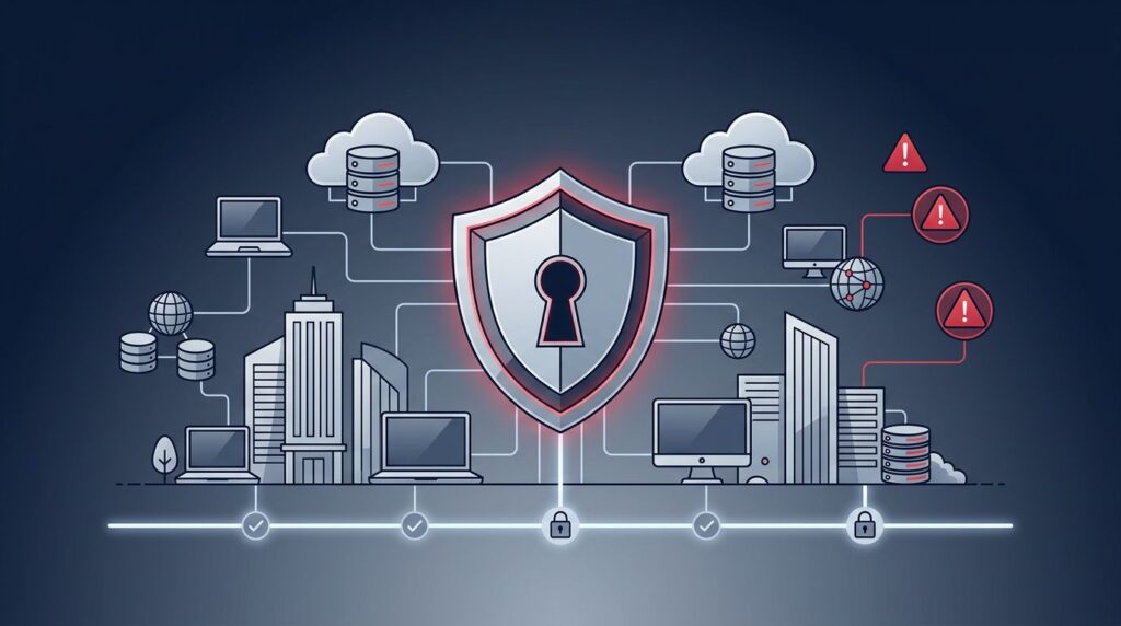 A glowing shield protects connected buildings, servers, laptops, and data nodes.
