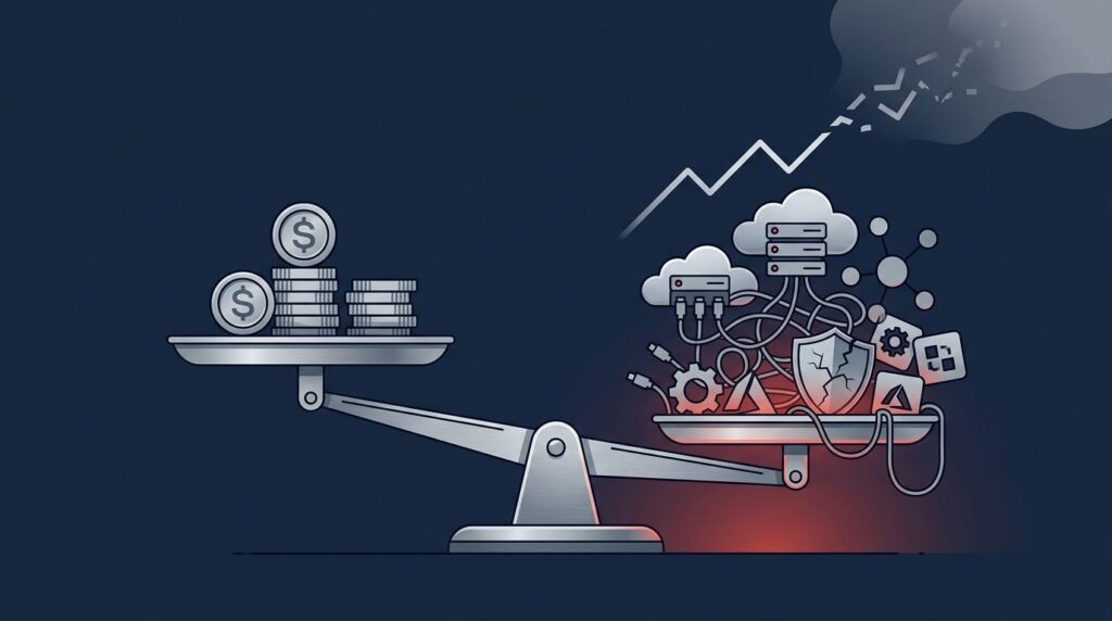 Metallic scales weigh stable coins against servers and tangled cables with a red warning glow.