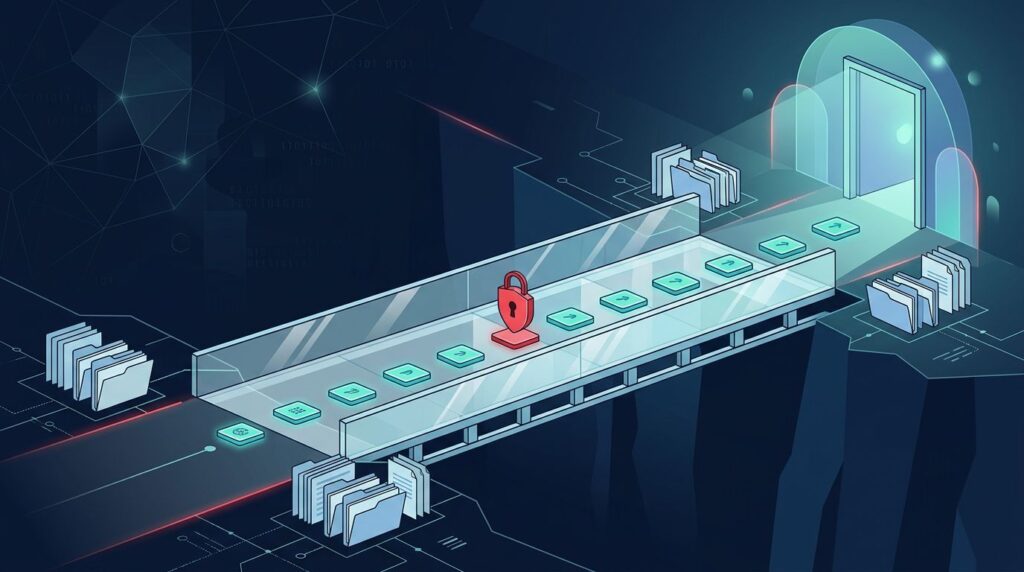 A glass bridge with stepping stones leads to a glowing doorway across a dark gap.