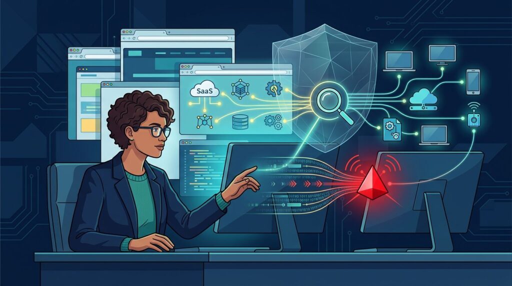 An analyst examines a glowing network with cloud links, devices, and a red alert node.