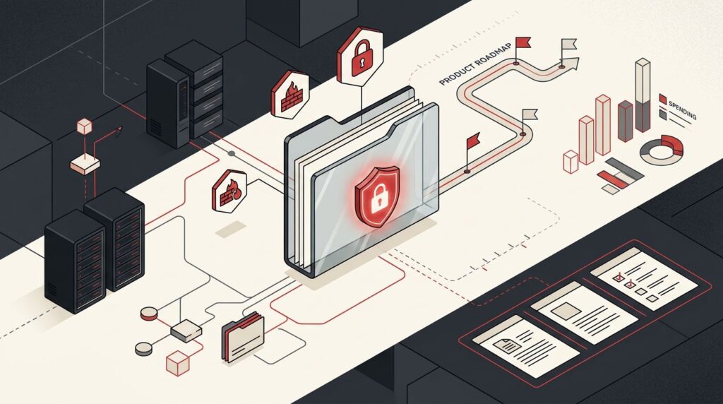 A glass digital vault connects to servers, security icons, charts, and vendor nodes.