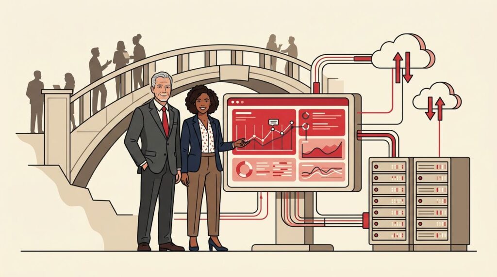 Two executives stand beside a digital dashboard, server racks, cloud icons, and a bridge.