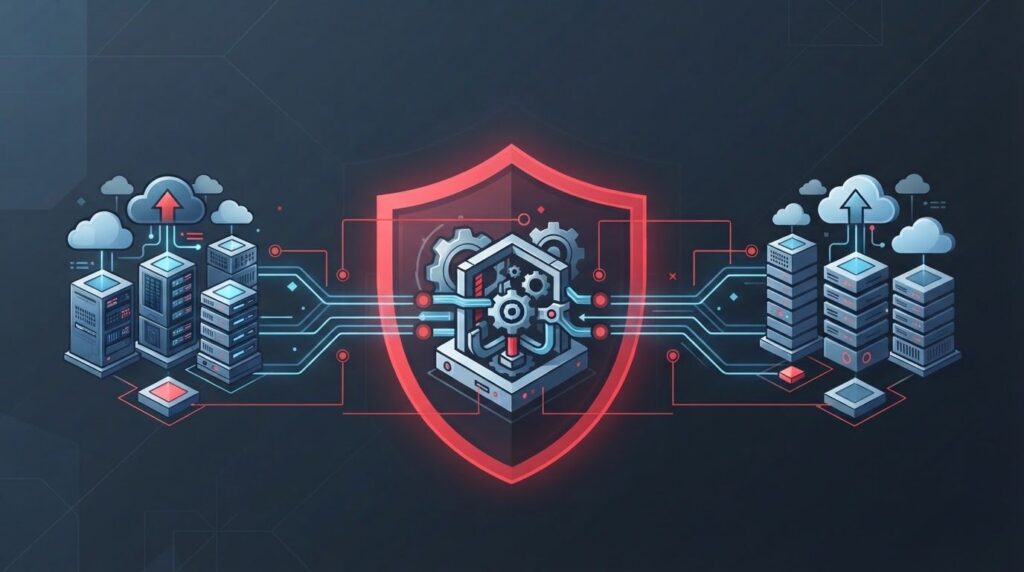 Connected enterprise networks meet at a central hub protected by a shield.