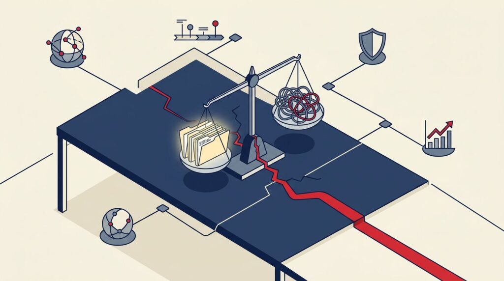 A balance scale, folders, tangled lines, and connected nodes show trust being repaired.