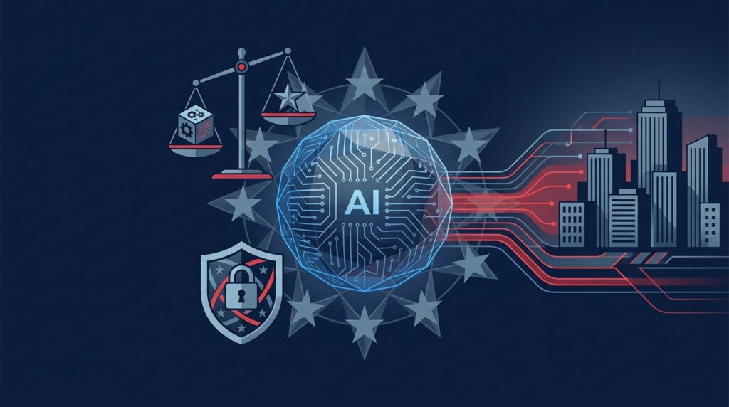 A glowing circuit sphere connects a European star circle with a US office skyline and compliance symbols.