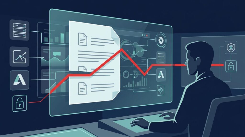 A policy document conflicts with a network dashboard as an executive observes a red warning line.