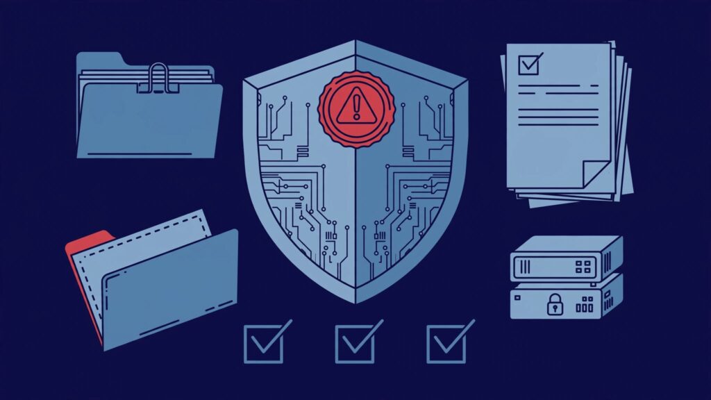 A shield-shaped insurance document with a warning seal, records, checkmarks, and a locked server.