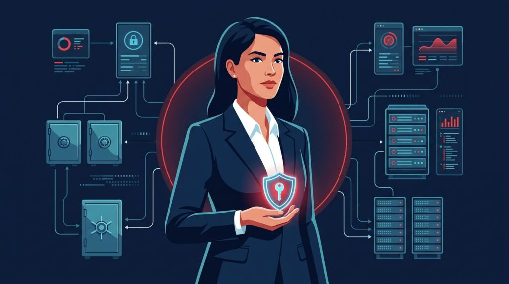 A cybersecurity leader holds a glowing shield key amid connected servers and monitoring panels.