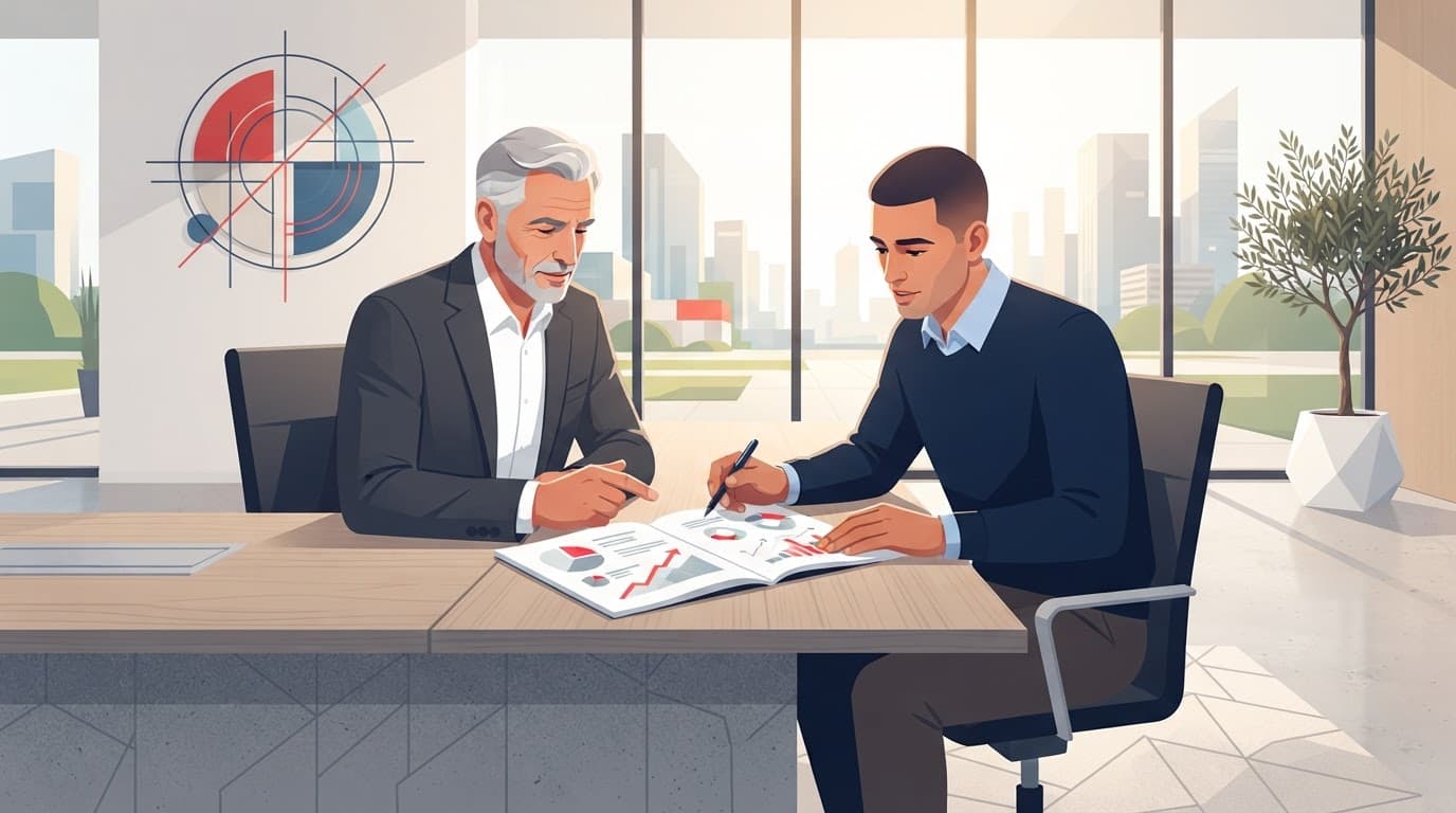 Two business leaders reviewing a strategy document in a bright boardroom with red accents.