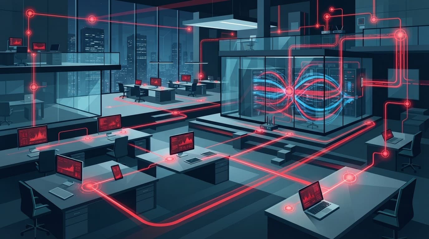 Abstract office with red glowing nodes and floating data streams.
