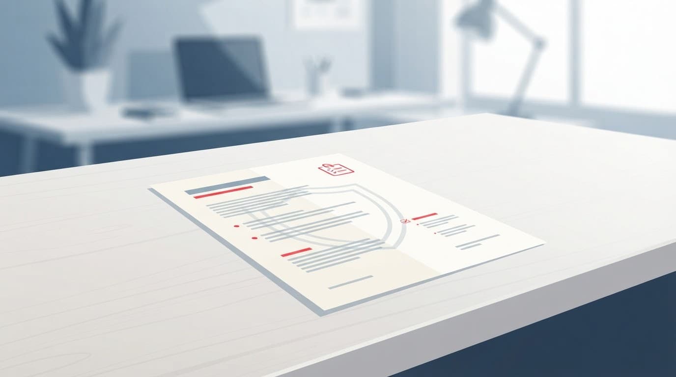 Open paper document with red accents and a faint security shield on a minimalist desk.