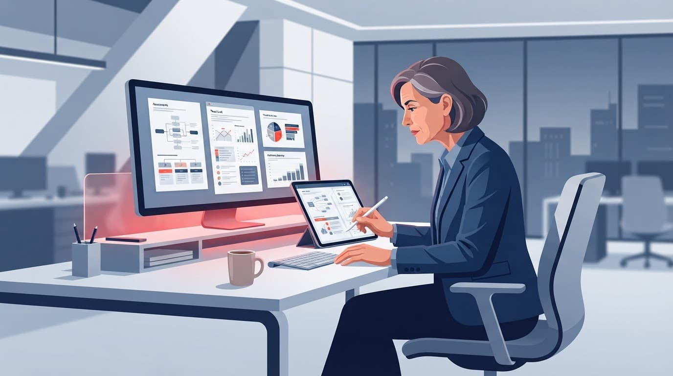 A senior leader reviews risk notes at a modern desk with a red accent light.