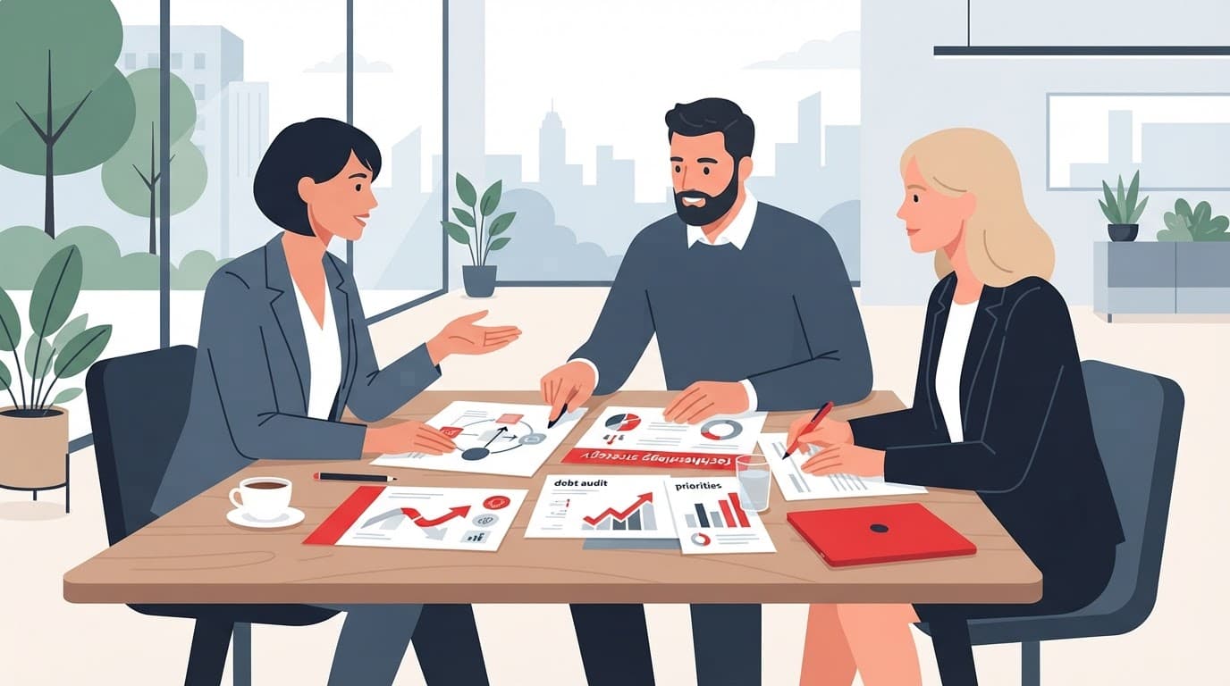 Three executives review strategy documents around a table with red accents.