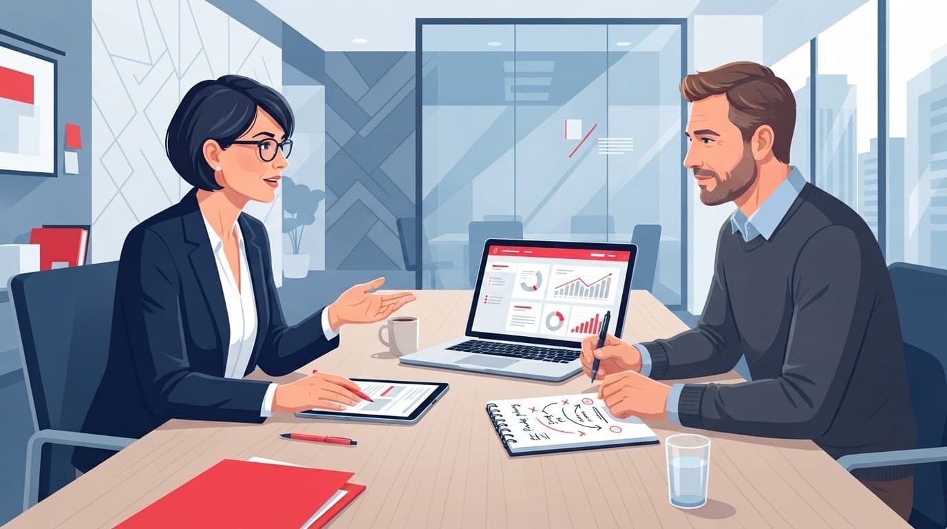 Two leaders discussing strategy at a conference table with strategic notes.