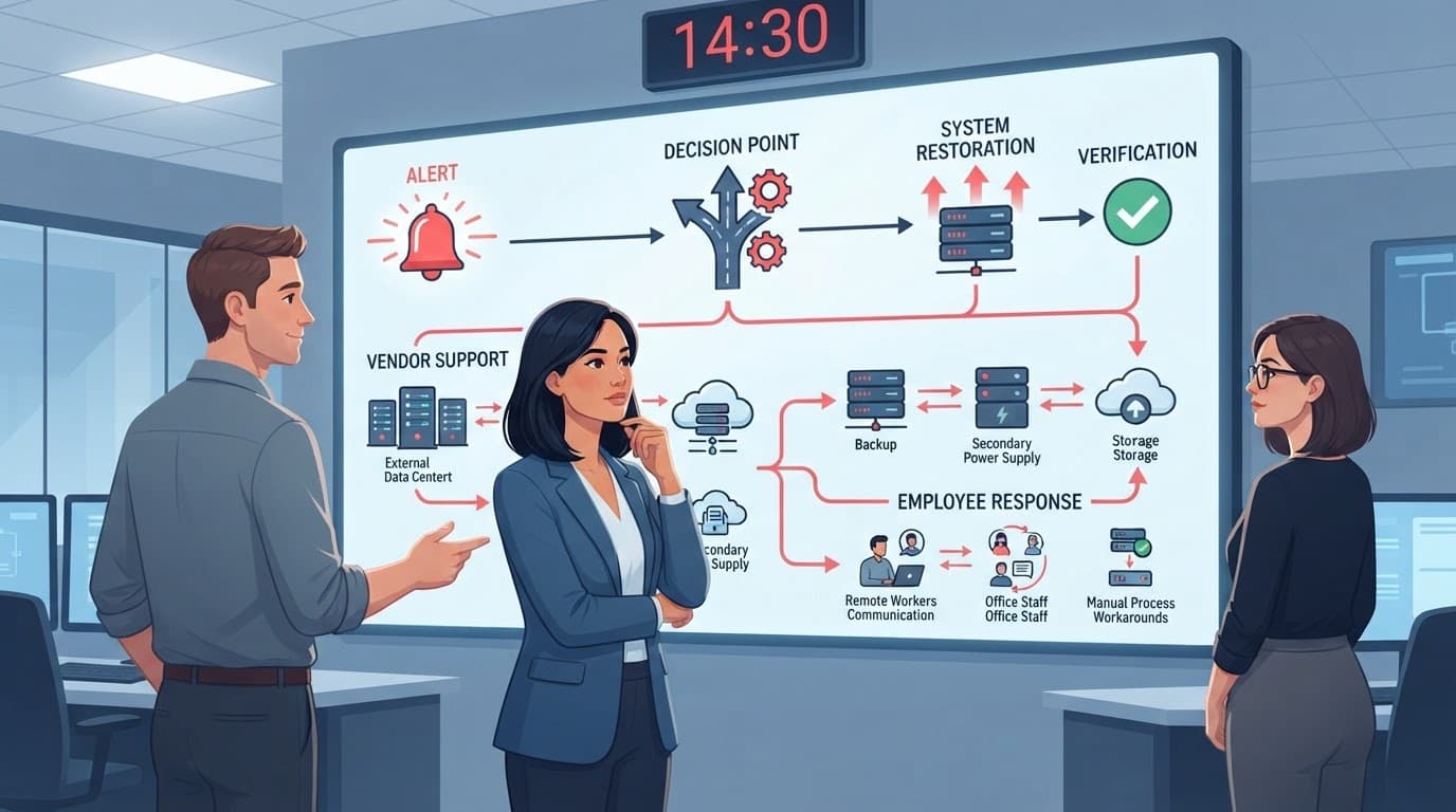 Three staff review a network outage recovery timeline with alternate communications and response paths.