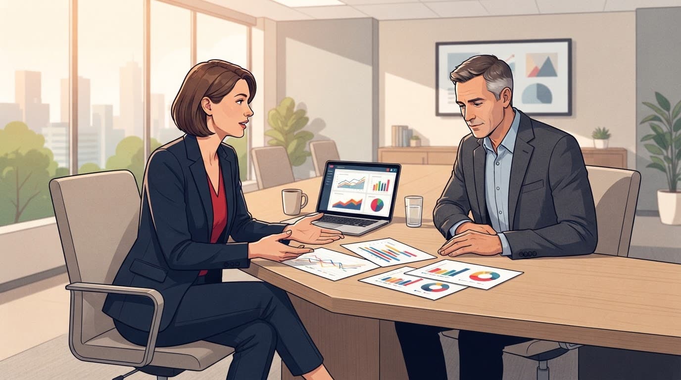 An operating partner and CEO review charts and a laptop at a conference table.