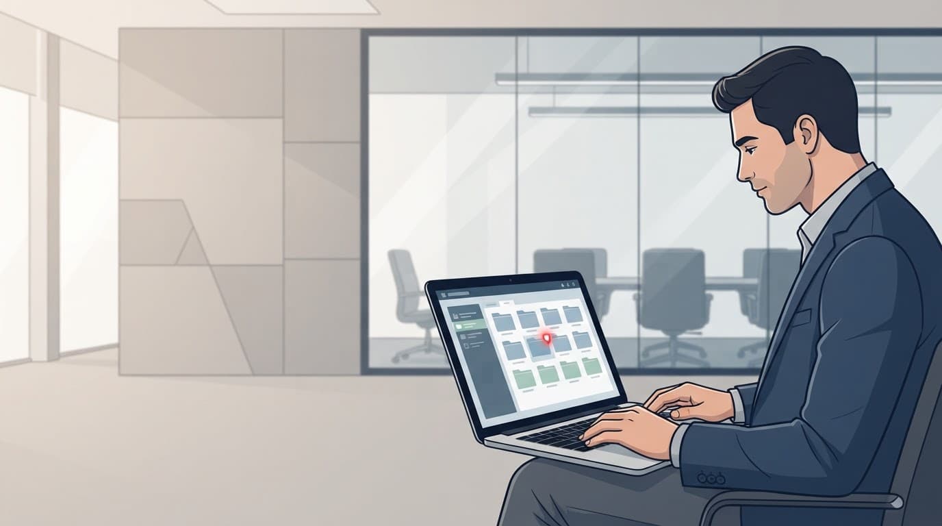 An executive reviews organized digital folders on a laptop in a modern glass-walled office.