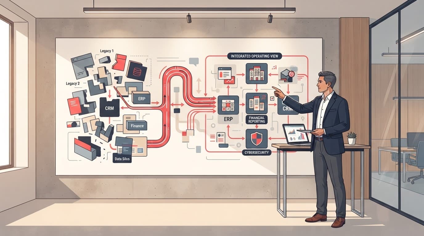 One person points to connected system blocks on a technology wall.
