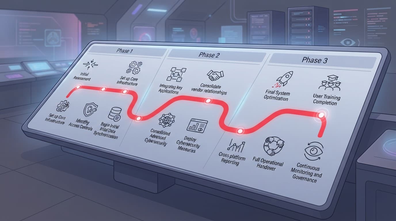 A planning board shows three phases linked by a red path.