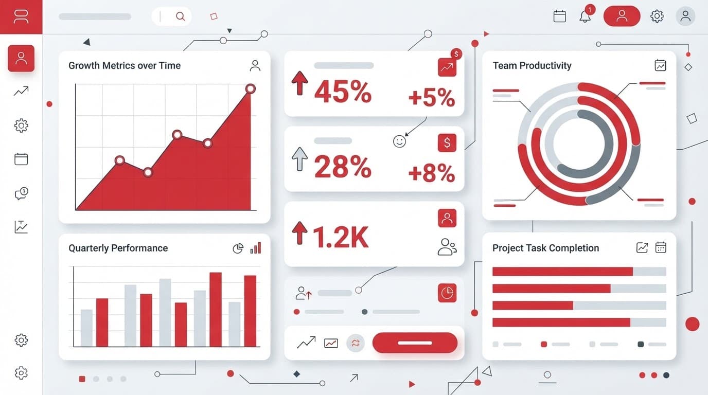 Minimal dashboard with growth bars and team productivity charts in red and white.