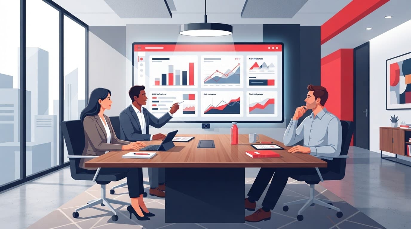Two executives review performance charts and a laptop at a conference table.