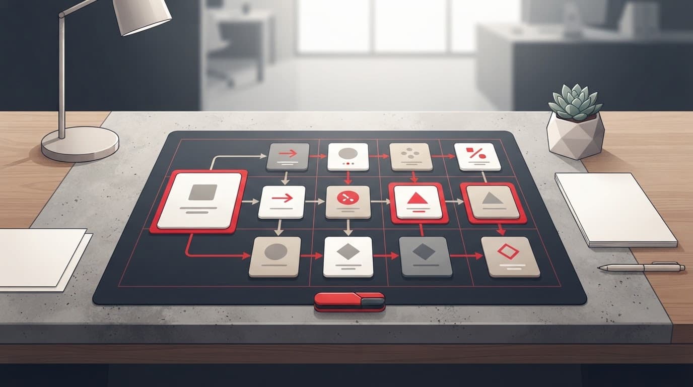 Geometric workflow cards form a decision matrix on a clean desk with red accents.