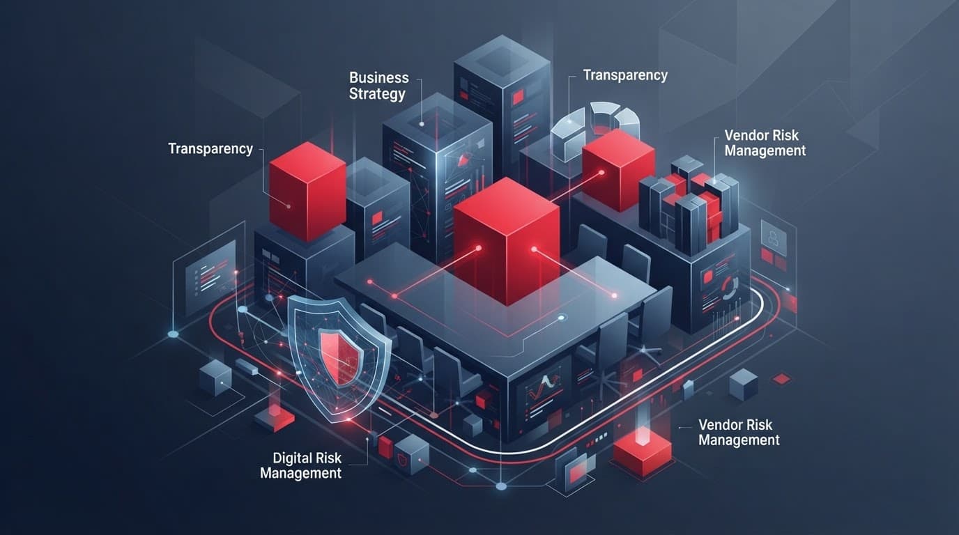 Red and blue geometric blocks represent secure digital risk management.