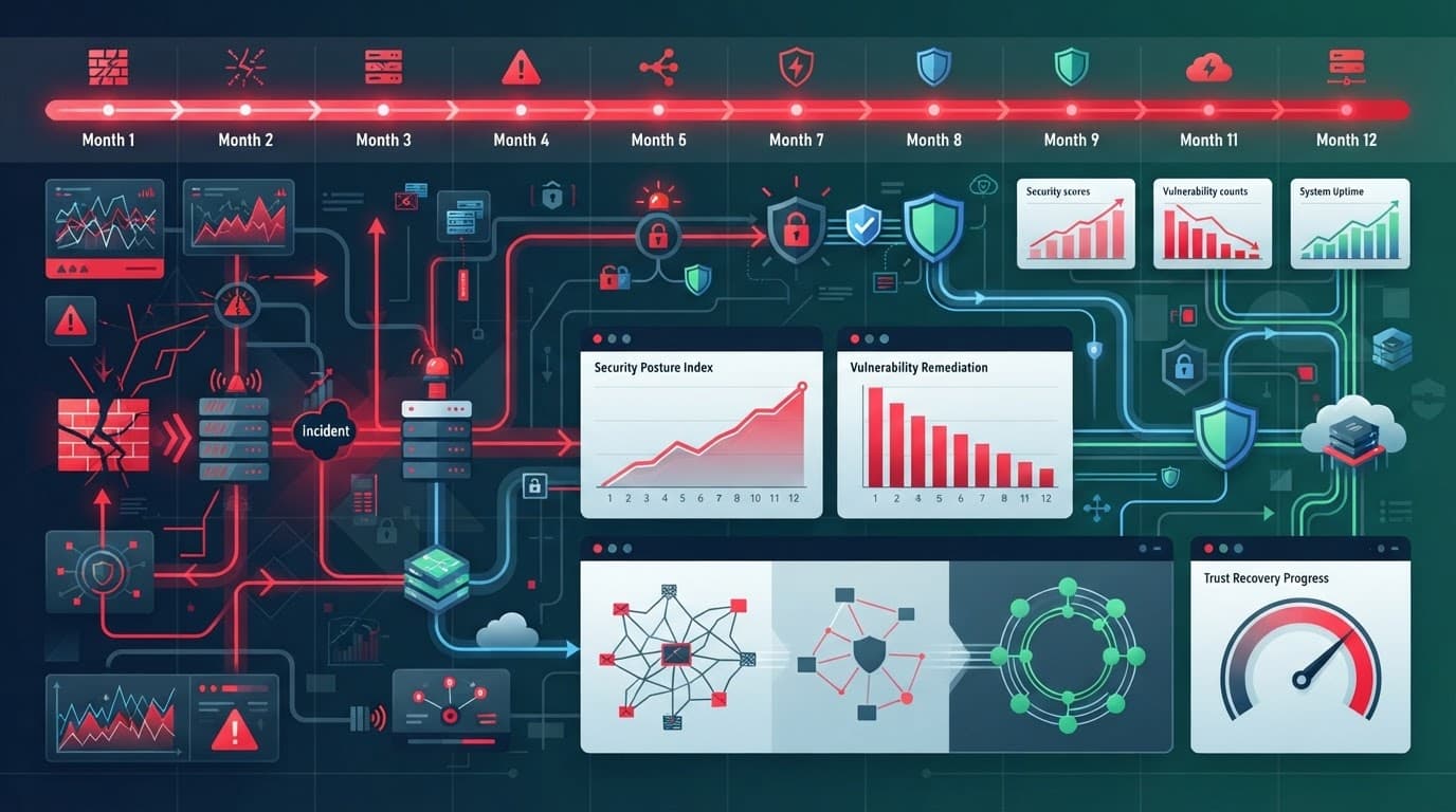 A red-accented dashboard and secure network diagram spanning a 12-month recovery timeline.