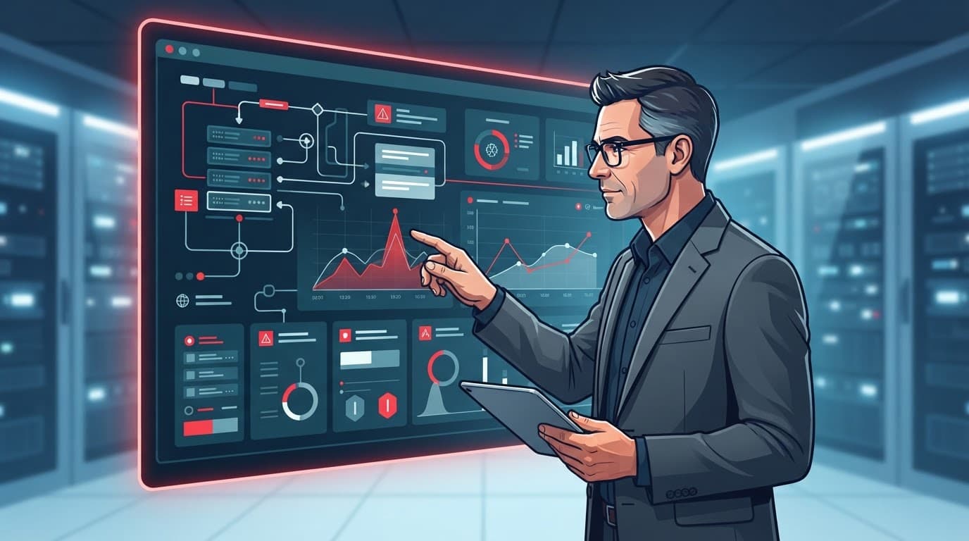 A tech executive reviews server analytics on a secure dashboard with red accents.