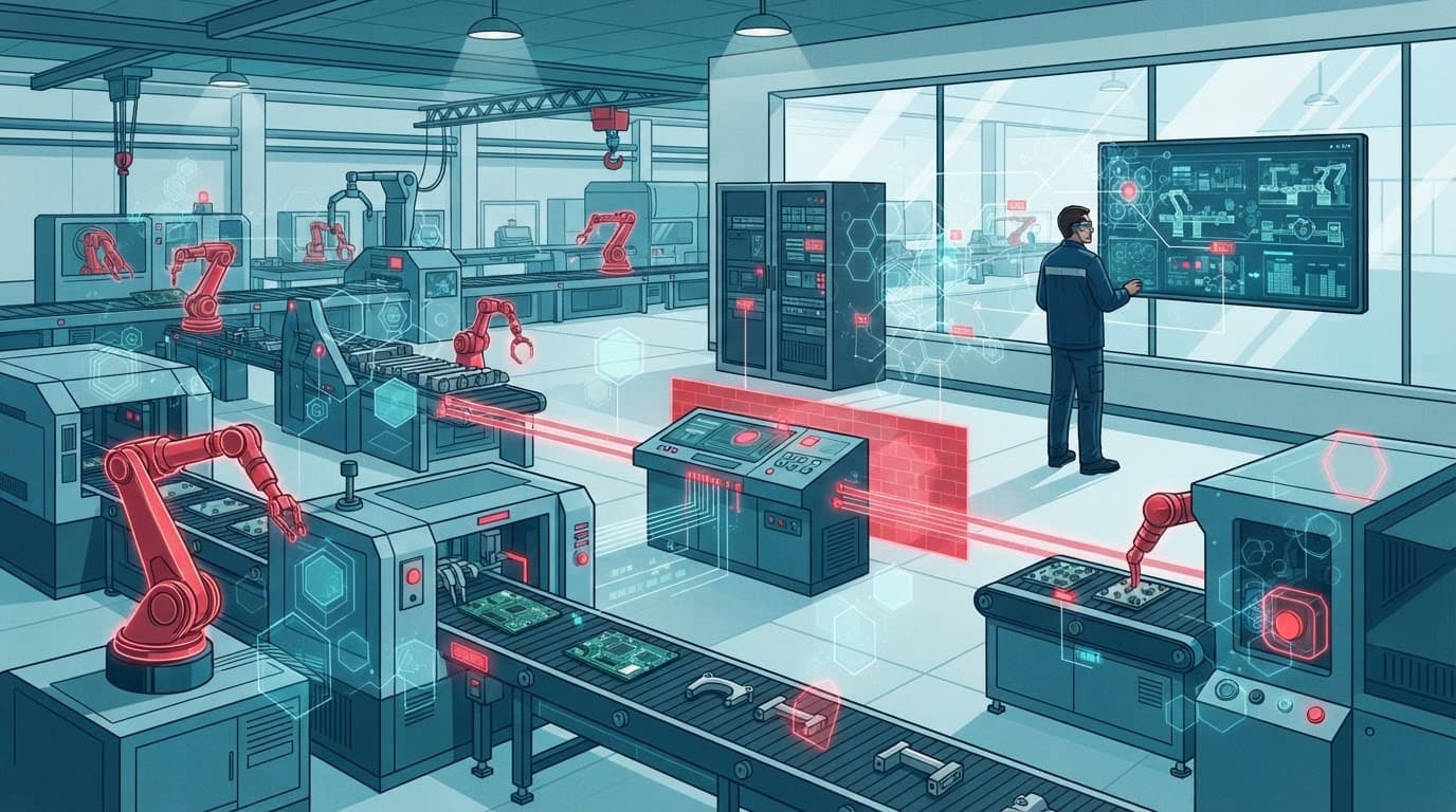 Automated machinery on a plant floor with security graphics and one worker in the background.