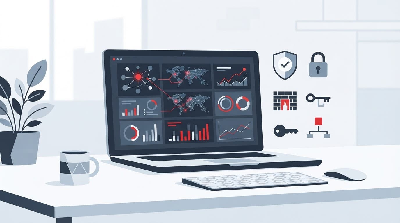 A minimalist security dashboard with shield icons and red threat alerts on a clean desk.