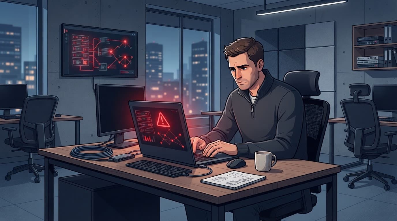 A lone office worker sits at a desk with a laptop and red warning light.