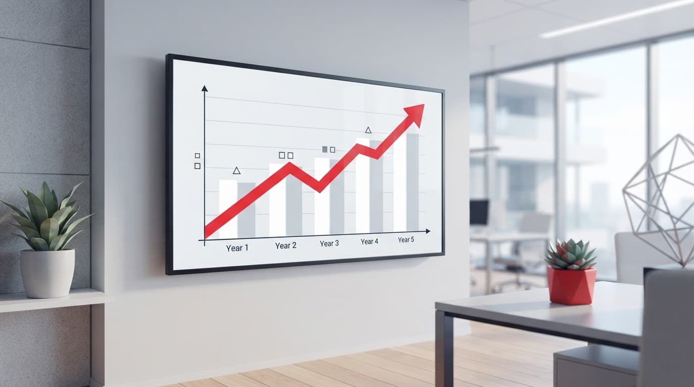 A red-accented financial growth chart appears on a screen in a bright office.