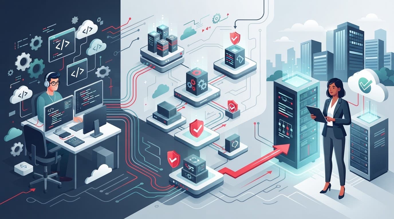 Illustration of a developer and business deployer linked by software components.